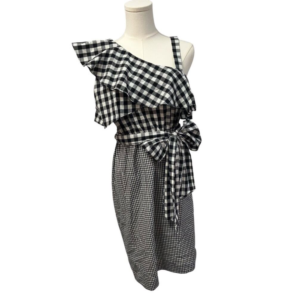 Calvin Klein Womens 8 Black Gingham‎ One-shoulder Flounce Sheath Dress Spring